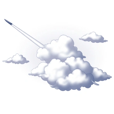 A jet trail stretching across the sky, weaving through fluffy clouds. The trail is a thin, white line that contrasts with the soft, rounded shapes of the clouds. The clouds vary in size, some appearing larger and more prominent, while others are smaller and dispersed throughout the scene. A sense of depth is created by the layering of the clouds, with some in the foreground and others receding into the background. The sky is mostly filled with these clouds, suggesting a partly cloudy day.