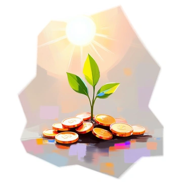 A small green plant is sprouting from a pile of shiny gold coins, its leaves vibrant and fresh. The coins are scattered unevenly, glinting in the light. Above the scene, a bright sun is shining, casting warm rays that illuminate the plant and the coins. The background is a soft gradient, enhancing the focus on the plant and coins in the foreground.