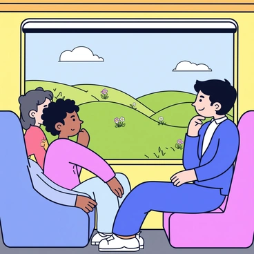 Passengers looking out the window of a train as it travels through the countryside in the afternoon