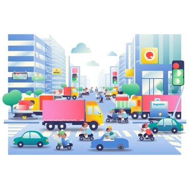 A busy urban street is filled with transport trucks navigating through city traffic. Several large trucks with colorful company logos are seen maneuvering between smaller vehicles. The trucks are painted in shades of blue, red, and yellow, with cargo boxes stacked high. Among the vehicles, there are cars and motorcycles weaving around them. Pedestrians are waiting at crosswalks, and a traffic light is changing from red to green. Tall buildings line the street, showcasing various storefronts and billboards above. The sky is clear with a few clouds scattered.