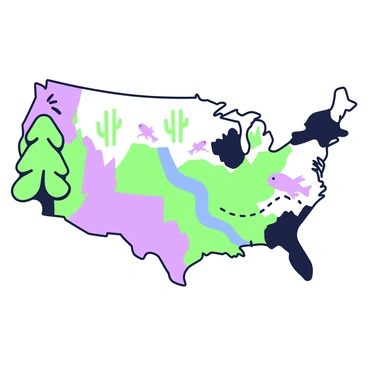 A wildlife map is displayed, illustrating various animal habitats across the country. Each region is annotated with simple illustrations of different animals that inhabit those areas. In the forested regions, a green tree is accompanied by images of a purple deer and birds. The desert area features a green cactus alongside a purple lizard. The aquatic regions showcase a flowing river, where a purple fish is depicted swimming. In the mountainous regions, a green mountain silhouette is shown with a purple eagle soaring above. Each habitat is connected by dotted lines, enhancing the overall layout of the map.