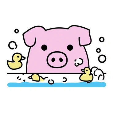 A pig face with a round snout and small ears, displaying a calm expression. The pig is surrounded by bubbles in a bathtub. Several bright yellow rubber duckies float on the surface of the bathwater. The scene captures the playful contrast of the pig's pink skin against the white bubbles and the yellow of the duckies.