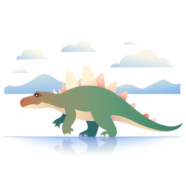 A spinosaurus with a long, crocodile-like snout is walking across a vast, reflective salt flat. Its body is predominantly green with hints of brown, showcasing prominent spines along its back. The salt flat stretches endlessly in every direction, shimmering under the bright sunlight. Above, a wide open sky is filled with soft, fluffy white clouds, casting gentle shadows on the ground below. The horizon is a gentle curve, blending into a distant view of mountains, barely visible against the sky.