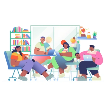 A lively co-working space is filled with freelancers focused on their laptops. Various people with diverse appearances are seated at modern desks, each absorbed in their work. Some individuals have medium skin tones, while others have light or dark skin. In the background, a tall bookshelf is filled with colorful books and plants. A large window allows natural light to flood the room, casting soft shadows on the wooden floor. Small groups of people are engaged in conversations, sharing ideas. A coffee station is located in one corner, with a barista preparing drinks, adding a warm, inviting atmosphere to the space.