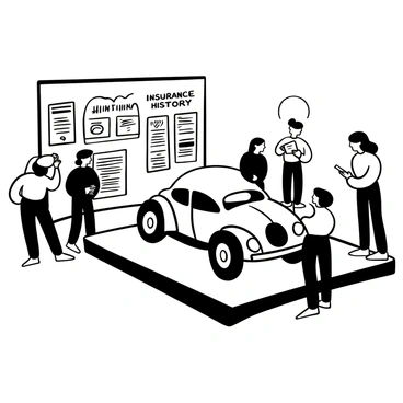 An exhibit in a car museum featuring a vintage car and its insurance history