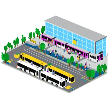 A busy public transport hub featuring multiple electric buses and trains arriving simultaneously. The hub has a large, modern station building with glass walls reflecting the sunlight. Numerous passengers are waiting on the platforms, some boarding the buses while others are stepping off the trains. Brightly colored signs indicate the routes for each mode of transport. There are green trees and benches lining the area, adding a touch of nature to the urban environment. The scene is bustling with activity, showcasing a vibrant and efficient transport system.