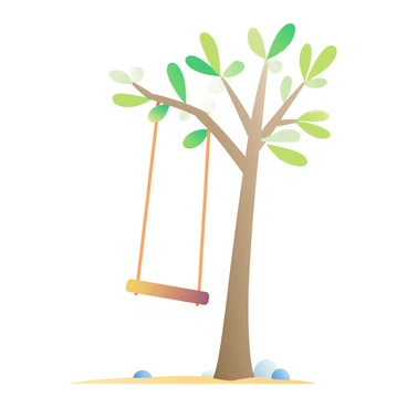 A swing made of woven rope is hanging from a tall matchstick tree with slender, elongated branches. The tree's bark is light brown, resembling the texture of matchsticks. The swing is gently swaying in a light breeze, creating a sense of movement. Bright green leaves are scattered throughout the branches, catching the sunlight. The ground below is a soft, sandy area, and a few small pebbles are visible around the base of the tree. The scene conveys a playful and whimsical atmosphere.