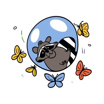 A raccoon with black and gray fur, big eyes, and a playful expression is joyfully floating inside a large, translucent soap bubble. The bubble glimmers with iridescent colors, reflecting light around it. Surrounding the bubble are several colorful butterflies, fluttering in shades of blue, yellow, red, and orange. Each butterfly is detailed, showcasing delicate wings as they playfully dance around the floating raccoon. The scene conveys a sense of whimsy and delight.