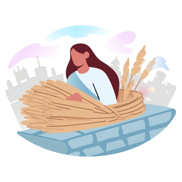 A woman named Rahab is shown on her rooftop, her figure partially concealed behind bundles of flax. She has long hair flowing down her back, and her attire is modest, reflecting the historical context. Two spies are hidden among the flax, their faces not visible. The rooftop is made of stone and features a glimpse of a city skyline in the background. The scene is filled with various shades of beige and soft pastels, enhancing the atmosphere of secrecy and tension.