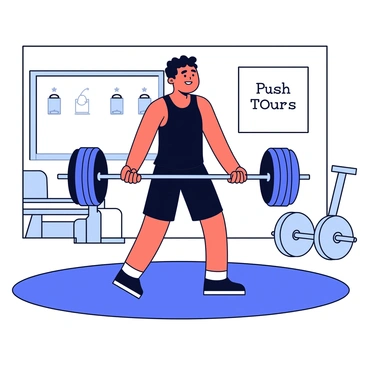 A person with a determined expression is lifting a heavy barbell from the ground in a gym setting. The individual is wearing a black tank top and athletic shorts. Their muscles are tense, demonstrating effort, as they grip the barbell tightly. The background features gym equipment like weights and benches, with a motivational poster on the wall that reads "Push Your Limits." The floor is a rubber mat, providing traction for the lift.