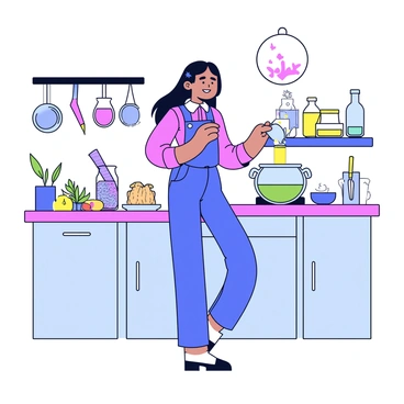 A modern witch wearing a sleek, fitted outfit is standing in a contemporary kitchen. She has long, flowing hair and is focused on brewing a potion in a glass cauldron. The kitchen features minimalist design elements, with clean lines and a bright color palette. Various herbs and ingredients are neatly arranged on a polished countertop. There are modern cooking utensils and glass jars filled with colorful liquids in the background, adding to the ambiance of a stylish space.