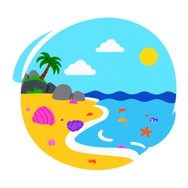 A beach scene with "crystal-clear water" gently lapping against the shore. The sand is golden and soft, scattered with "colorful seashells" in shades of pink, orange, and lavender. In the shallow water, "magical creatures" such as small, luminescent fish and playful starfish can be seen swimming and lounging among the rocks. The sky is bright blue with a few fluffy white clouds, and the sun casts warm golden rays over the scene, creating a vibrant atmosphere. A distant palm tree sways gently in the light breeze, completing the tranquil beach setting.