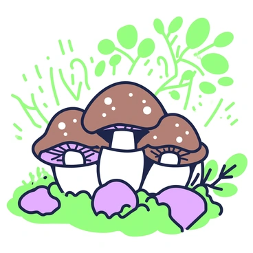 A cluster of shiitake mushrooms is growing among moss-covered stones in a shaded woodland. The mushrooms have a rich, dark brown color with a slightly curved cap. The stones beneath them are irregular in shape and texture, partially covered with vibrant green moss. Soft light filters through the tree canopy above, creating dappled patterns on the ground. Surrounding the scene are leaves from various trees, adding to the natural ambiance of the woodland.