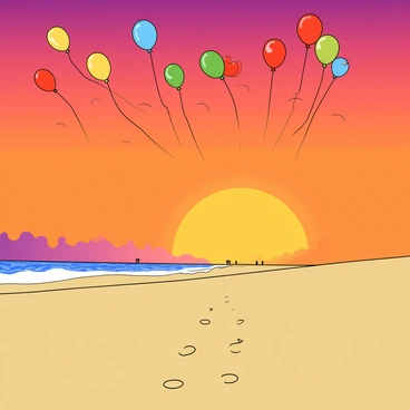 A vast sandy beach stretches out under a colorful sunset sky filled with hues of orange, pink, and purple. Above the beach, a sea of balloons in various bright colors, including red, yellow, blue, and green, gently floats, some drifting lazily while others cluster together. The balloons are diverse in shapes, including round and heart-shaped, and they vary in size as they ascend towards the sky. The sandy beach has footprints leading down to the shoreline, where gentle waves lap against the shore, reflecting the beautiful colors of the setting sun. In the distance, a few silhouettes of people can be seen enjoying the beach.