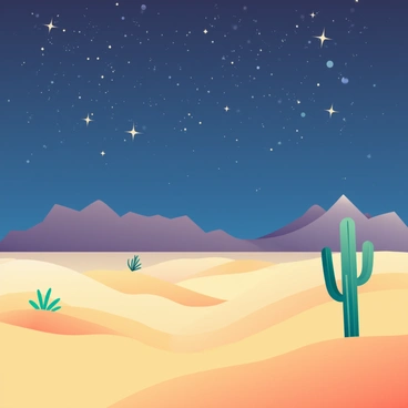 A vast desert landscape stretches across the scene with golden sand dunes gently rolling under the soft glow of moonlight. The sky above is filled with vivid constellations, shining brightly against the deep indigo backdrop. A few scattered cacti are visible in the foreground, their silhouettes outlined in the faint light. In the distance, jagged mountains rise, creating a striking contrast against the star-filled sky. A light breeze stirs the sand, creating subtle ripples on the surface.