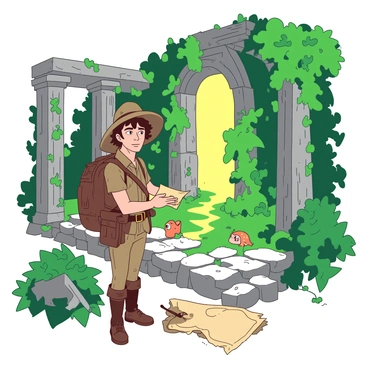 An explorer dressed in rugged adventurer attire is standing amidst ancient stone ruins covered in green vines. The ruins feature crumbling columns and intricate carvings that hint at a lost civilization. Magical light emanates from the center of the ruins, casting a soft yellow glow that contrasts with the rich green of the vines. The explorer, with a curious expression, holds a weathered map in one hand while the other hand brushes against the textured stone. The scene is filled with an air of mystery and discovery, as small creatures peek from behind the foliage, intrigued by the explorer's presence.