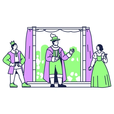 A stage scene from a Shakespeare play with actors in period costumes performing