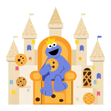 A blue Cookie Monster wearing a golden crown sits on a large throne made of chocolate chip cookies. The throne is positioned in the center of a grand castle constructed entirely from various cookie types, including oatmeal, gingerbread, and sugar cookies. The walls of the castle are adorned with cookie banners and there are cookie chandeliers hanging from the ceiling. Surrounding the throne are plateaus made of milk and cookie towers, creating a whimsical and delightful atmosphere. Cookie Monster holds a chocolate chip cookie in one hand, looking joyfully at the cookie kingdom around him.