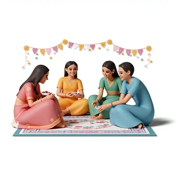 A group of four women, each wearing colorful traditional Indian attire, gather together in a festive setting for a baby shower. One woman is dressed in a red saree with golden embroidery, another in a bright yellow lehenga with intricate patterns, the third in a green salwar kameez, and the fourth in a blue anarkali suit. They are sitting on a decorative rug adorned with floral motifs. The women are engaged in playing traditional games, laughing and smiling as they participate. In the background, vibrant decorations with marigold flowers and colorful drapes create a joyous atmosphere. One woman is holding a small bowl filled with colorful beads, while another is reaching for a small plate with sweets placed in front of them.