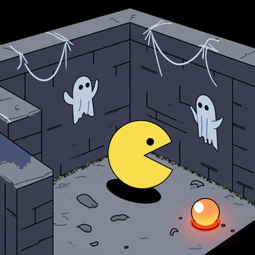 A bright yellow Pac-Man character is navigating through a spooky maze that resembles a haunted house. The walls of the maze are dark and worn, featuring eerie designs and shadows. Cobwebs hang in the corners, adding a chilling atmosphere. Ghostly apparitions float throughout the maze, with translucent forms that seem to flicker in and out of sight. The ground is uneven, with scattered bits of debris and the occasional flickering light casting ghostly shadows around. Pac-Man has a determined expression, with his mouth open in a classic eating position as he moves toward a glowing power pellet positioned nearby.