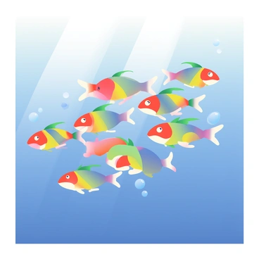 A school of rainbow fish with vibrant scales in shades of red, blue, yellow, and green is gliding gracefully through the open ocean. The fish are moving in a synchronized pattern, their fins flowing gently as they navigate the water. Sunlight filters through the surface of the ocean, creating shimmering reflections on the fish's bodies. In the background, the deep blue of the ocean contrasts with the colorful fish, and small bubbles rise around them, adding a sense of movement to the scene.