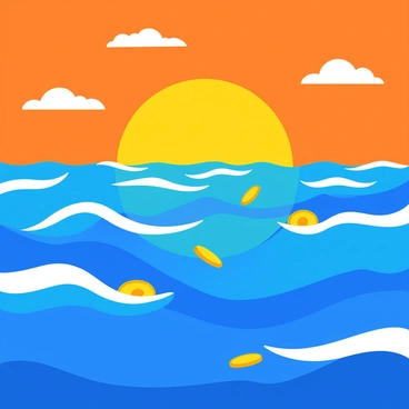 A vast ocean populated with waves made of rolling coins. The coins reflect glimmers of light, creating a shimmering effect as they surf the crest of the waves. The sky above is painted with vibrant hues of orange and gold, indicating a beautiful sunset. The horizon blends seamlessly into the ocean, with a few scattered clouds that catch the warm colors of the sun. The scene conveys a sense of movement, as the coins tumble and roll energetically with the waves.