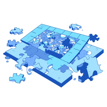 A blue jigsaw puzzle is spread out on a table with multiple mismatched pieces scattered around. The puzzle pieces are in various orientations, some flipped over while others are showing different parts of the chaotic scene. In the center of the table, there is a partially completed section of the puzzle, revealing a vibrant, chaotic image filled with various characters and objects. The surrounding pieces vary in shape and color, adding to the disarray of the scene.