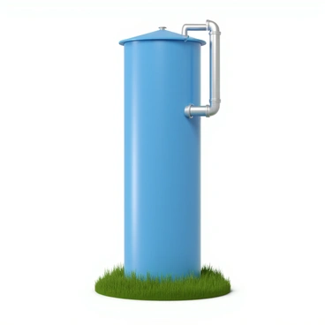 A tall, cylindrical water tower painted in a bright blue color, standing against a clear sky. The structure features a wide base tapering towards the top, where there is a large, open tank. Water is shown being drawn back into the feeding pipes, which are attached to the sides of the tower. The pipes are metallic with a shiny, silver finish, and droplets of water can be seen along the edges. Below the tower, a green grassy field surrounds the base, contrasting with the blue of the tower.