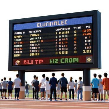 A large digital scoreboard positioned prominently at a track and field event. The scoreboard displays vibrant LED lights and has a black frame. It features various sections that showcase results in bright, contrasting colors. The top section displays the event title, while the middle section lists the participants' names and their respective scores or times. The bottom section highlights existing records with a gold star symbol next to them. Spectators can be seen in the background, engaged and focused on the scoreboard.