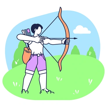 A young archer stands in a grassy field, focused on her target. She is wearing a fitted shirt and sturdy shorts, with a quiver of arrows slung over her shoulder. The bow is made of polished wood, and she holds it steady while aiming towards a distant target. The sun casts clear light, highlighting her concentration. In the background, there are trees lining the edge of the field, and a bright blue sky stretches above, with a few fluffy clouds drifting by. The arrows in her quiver are neatly arranged, with their fletching clearly visible.