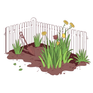 A white picket fence surrounds a once-vibrant garden, now overrun with tall, tangled weeds. In the center, a few wilting flowers struggle to stand, their colors faded and petals drooping. The ground is uneven, with patches of dry soil visible between the weeds. In the background, there is a rusty garden tool partially buried in the earth, hinting at days of care now lost. The atmosphere reflects neglect, with a few scattered leaves blown across the garden.