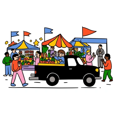 A black truck driving through a bustling marketplace filled with street vendors and colorful stalls. The truck has shiny wheels and a streamlined design. Various vendors are selling their goods, with tables overflowing with fruits, vegetables, and handmade crafts. Brightly colored canopies and banners are fluttering overhead, creating a lively atmosphere. People are walking around, some engaged in conversation, while others are examining the products on display. The scene captures the energy and vibrancy of a busy market day.