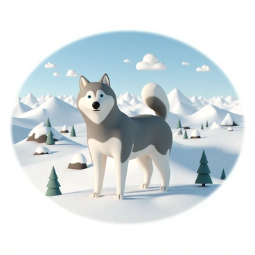 A majestic husky, with a thick gray and white coat and striking blue eyes, is standing proudly atop a snow-covered mountain ridge. The dog's ears are perked up, and its tail is held high, showcasing its alertness. Behind the husky, a panoramic view reveals distant mountain peaks blanketed in snow, with patches of evergreen trees dotting the landscape below. The sky is a clear blue, and a few wispy clouds float gently above, enhancing the sense of openness and vastness in the scene. The sunlight casts a warm glow, highlighting the textures of the husky's fur and the rugged terrain beneath its paws.