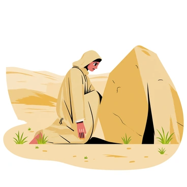 A desert rogue wearing flowing, sandy-colored robes stands in a sun-drenched setting. The rogue has a hood partially concealing their face, with a determined expression visible. They are kneeling next to a large, jagged rock, studying the surrounding arid landscape. The ground is dry and cracked, with tufts of sparse grass and small cacti scattered around. Bright sunlight casts sharp shadows, emphasizing the rogue's poised readiness for the ambush they are planning. In the background, distant sand dunes ripple under the heat of the sun.