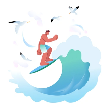 A 3D cartoon surfer character with colorful swim shorts is riding atop a large, curling wave. The surfer has a sporty posture, balancing skillfully on a vibrant surfboard. Above the wave, several seagulls are soaring in the sky, their wings outstretched. The ocean water is a blend of shades of blue and green, creating a dynamic background. The wave is frothy at the top, with white foam contrasting against the deeper water below. The overall scene captures the thrill of surfing and the freedom of the ocean.