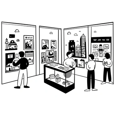 An interior view of a museum showcasing various black-and-white illustrations of urban life and cityscapes. The walls are lined with framed illustrations depicting bustling city streets, tall buildings, and scenes of everyday life. A few visitors are observing the artwork, with some taking notes. In the center of the room, there is a display case containing artifacts related to city living, such as vintage street signs and small models of urban architecture. Natural light filters in through large windows, casting shadows on the floor. The atmosphere is that of exploration and appreciation of urban culture.
