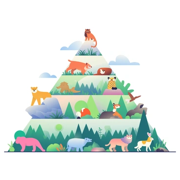 An ecological pyramid is depicted in the center of the image, divided into several tiers. The base tier features green grass and plants, representing primary producers. Above this, the second tier illustrates various herbivorous animals, such as a deer and a rabbit, surrounded by a lush forest backdrop. The third tier showcases carnivorous animals, including a fox and an owl, positioned against a sky backdrop with scattered clouds. At the top tier, a top predator, such as a mountain lion, is illustrated on a rocky outcrop. Surrounding the pyramid are biomes like a desert, a snowy tundra, and a tropical rainforest, each inhabited by different species, adding depth and diversity to the ecological scene.