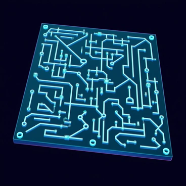 An intricate electric circuit board filled with densely packed pathways and connections. The circuit board features glowing components in various shapes and sizes, emitting bright blue and green light. Metallic traces intertwine across the surface, creating a complex network that showcases advanced technology. The background is dark to emphasize the luminous elements, highlighting the detailed structure of the board.