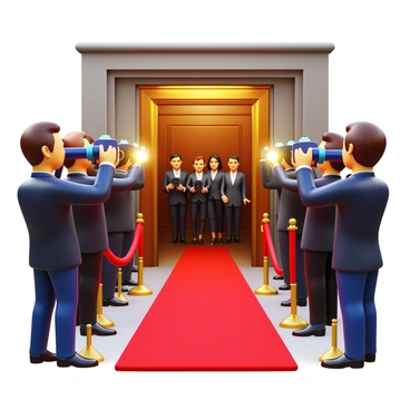 A group of paparazzi holding cameras, capturing images, with bright flashes illuminating the scene. The paparazzi are dressed in dark clothing, showcasing a sense of urgency and excitement. They are positioned outside a luxurious entrance adorned with red carpet and velvet ropes. A crowd of elegantly dressed guests is visible in the background. The atmosphere is lively and dynamic, highlighting the interaction between the paparazzi and the event's attendees.