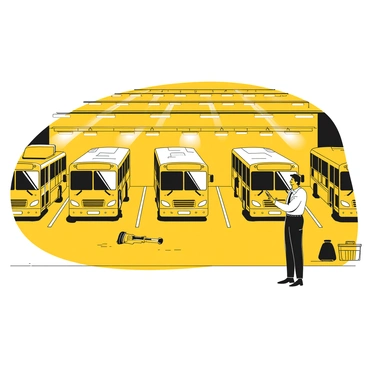 A fleet manager stands in a vast open garage, surrounded by several buses lined up in rows. The manager is holding a clipboard and looking thoughtfully at the different buses. Each bus has distinct features: some are larger with multiple doors, while others are more compact with special markings. The garage has concrete floors and large overhead lights illuminating the scene. Various tools and maintenance equipment are scattered around, indicating ongoing preparations and evaluations of the buses.
