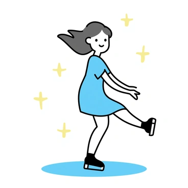 A graceful ice skater wearing a light blue dress is performing a spin on a glistening ice rink. The skater has long, flowing brown hair that moves with the motion. The ice rink is surrounded by soft, glowing lights that reflect off the ice surface. The skater's blades are digging into the ice as she elegantly balances on one foot while her other leg extends outward.