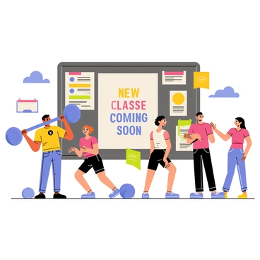 A gym notice board made of dark wood with a variety of colorful flyers pinned to it. In the center, a large poster reads "New Classes Coming Soon" in bold, eye-catching letters. Surrounding the notice board are several active people, including a man lifting weights, a woman doing yoga, and a group of friends chatting energetically. The scene conveys a lively gym atmosphere filled with motivation and excitement for upcoming activities.