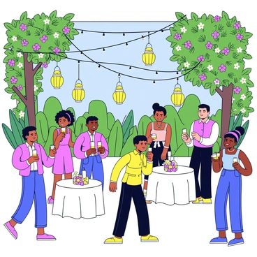 A garden setting for an evening party filled with lush greenery and blooming flowers. The scene features several decorative lanterns hanging from tree branches, casting a warm glow. String lights are draped across the garden, illuminating the space with a soft light. Various guests are mingling throughout the garden, dressed in elegant attire. They are engaged in conversations, holding drinks and enjoying the atmosphere. Tables are set with white tablecloths, adorned with small floral centerpieces.