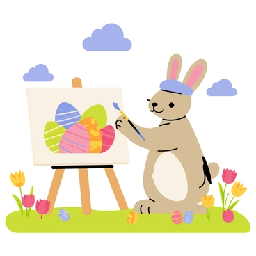 A rabbit wearing a beret is standing on its hind legs, holding a paintbrush in its paw. The rabbit is focused on painting colorful Easter eggs on a canvas set up in front of it. The canvas features a vibrant design of various decorated eggs. Surrounding the rabbit, a flower meadow is filled with blooming flowers in various colors, such as yellow daisies, red tulips, and pink roses. The sky above is a cheerful blue with fluffy white clouds. A few painted eggs are scattered on the grass near the canvas, adding to the festive atmosphere.