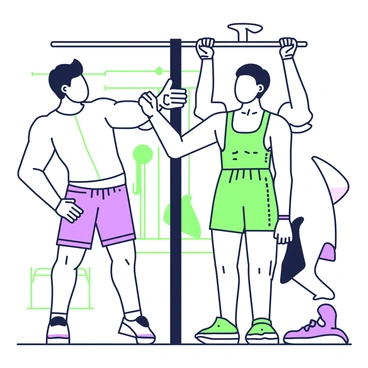 A fitness coach is demonstrating proper dead hang form to a beginner. The coach has a muscular build and short hair, wearing a fitted athletic shirt and shorts. The beginner is following along, holding onto a pull-up bar with both hands, displaying focused determination. The scene takes place in a well-lit gym setting with exercise equipment in the background. The coach is closely observing the beginner’s posture, providing verbal guidance while standing nearby. The coach’s right hand gestures towards the beginner's arms, emphasizing the correct grip technique.