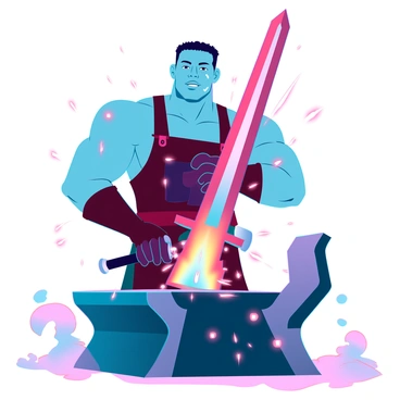 A robust blacksmith with a muscular build and a focused expression is hammering a red-hot sword on a sturdy anvil. The sword glows bright orange as it is struck repeatedly with a heavy hammer. Flying sparks erupt from the point of impact, casting a brilliant light that contrasts with the dark, soot-covered surroundings. The blacksmith wears a leather apron and sturdy gloves, with sweat glistening on his forehead. The scene is filled with the intense energy of the forge, emphasizing the craftsmanship and dedication of the blacksmith.