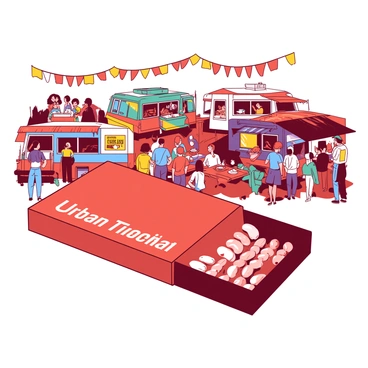 A red matchbook with the words "Urban Street Food Festival" printed in white on the cover. The matchbook is resting on a wooden table, surrounded by a variety of colorful food trucks. Each truck is painted in different shades, showcasing their unique designs and offerings. Vibrant orange and yellow banners flutter above the trucks, creating a lively atmosphere. In the background, a diverse crowd of people is enjoying food from the trucks, with some standing in line and others sitting at picnic tables, all contributing to the bustling urban scene.