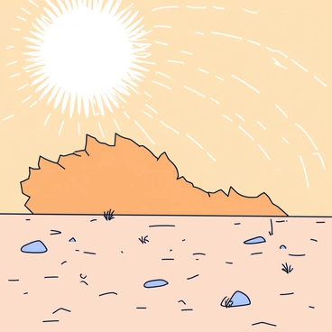 A swirling dust storm moves across a flat, barren landscape. The sky above is filled with shades of brown and orange, as the dust particles catch the light. In the foreground, there are cracked, dry earth patches, showcasing a parched ground. Sparse tufts of grass and small rocks can be seen scattered throughout the scene. The horizon blurs into the thick dust, creating a sense of depth and movement in the air.