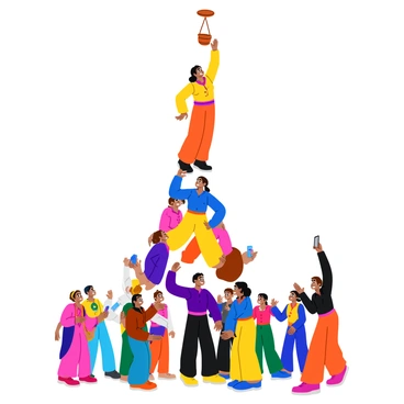 An acrobat in a colorful costume balances confidently at the peak of a human pyramid. The pyramid consists of several individuals, each dressed in vibrant outfits, with expressions of determination and focus. The acrobat stretches one arm upward, reaching for a "dahi handi" pot made of clay, which hangs just above. The pot is decorated with traditional patterns and filled with white curd. Below, the crowd watches in anticipation, with some individuals cheering and others capturing the moment on their phones. The scene is filled with a festive atmosphere, emphasizing the excitement of the event.