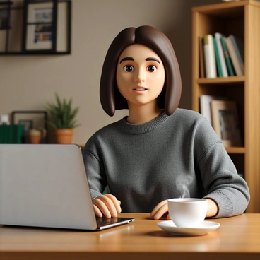A person with medium-length brown hair, wearing a gray sweater, is sitting at a modern wooden desk. The desk has a sleek laptop open, displaying a bright screen. Next to the laptop, there is a white ceramic cup filled with steaming coffee. The background features a cozy home office environment, with a bookshelf filled with books and a small potted plant adding a touch of greenery. The lighting is warm and inviting, creating a comfortable atmosphere for working.